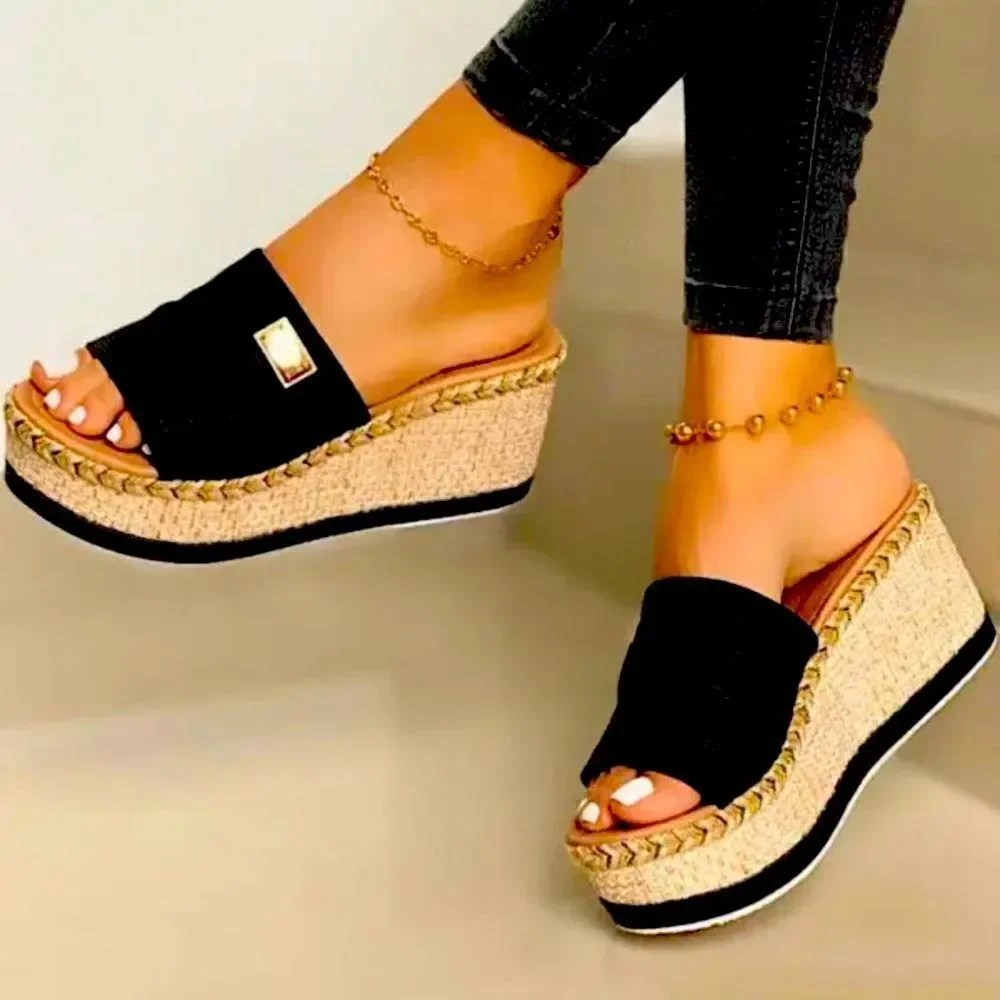 💼 Open Toe Casual Wedge Sandal Black Canvas